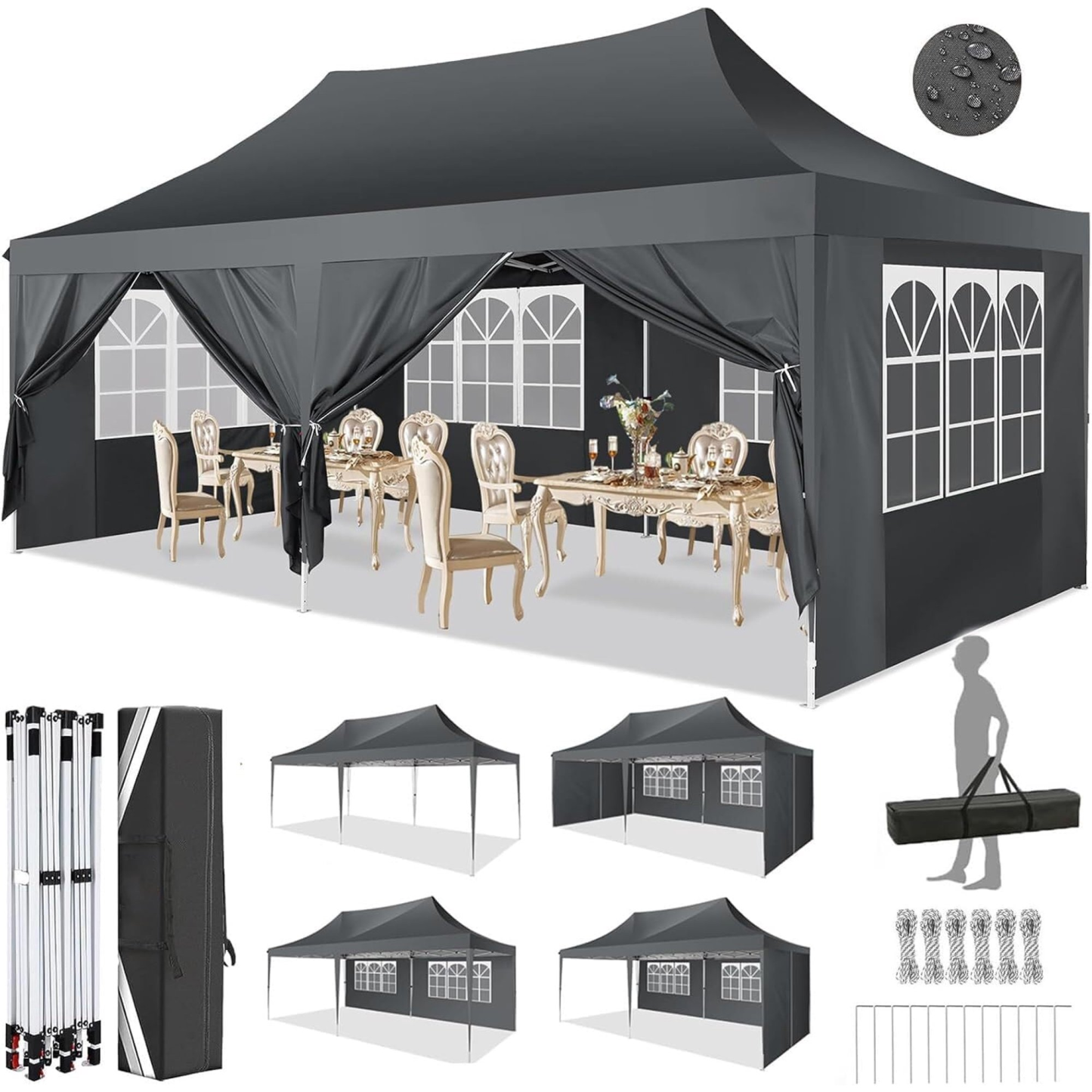 HOTEEL 10x20 Pop up Canopy Tents with 8 Removeble Sidewalls,Outdoor Gazebo with Wheeled Bag & Sandbags,for Patio,Wedding,Backyard,Camping,Parties,Event
