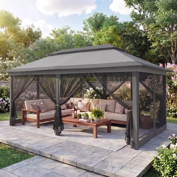 HOTEEL 10x20 Pop Up Gazebo with Netting, Double Roof Instant Canopy Tent with Extended Eaves, Waterproof & UV Protection Outdoor Pavilion for Patio, Party, Backyard