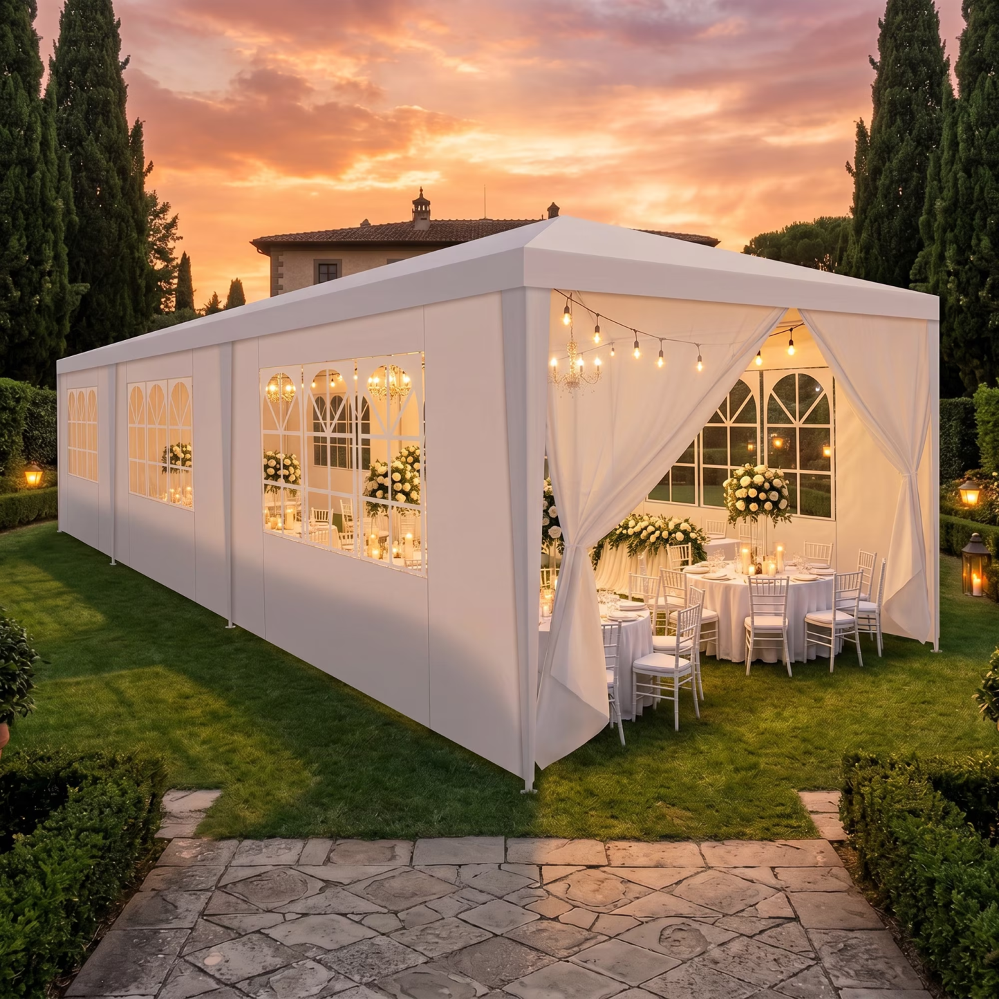 Hoteel 10x30 Party Tent Canopy Gazebo,Outdoor Canopy Tent with 8 Removable Sidewalls,Easy up Sun Shade UV Blocking Waterproof Outdoor Tent for Backyard,Parties,Wedding,Birthday,BBQ, White