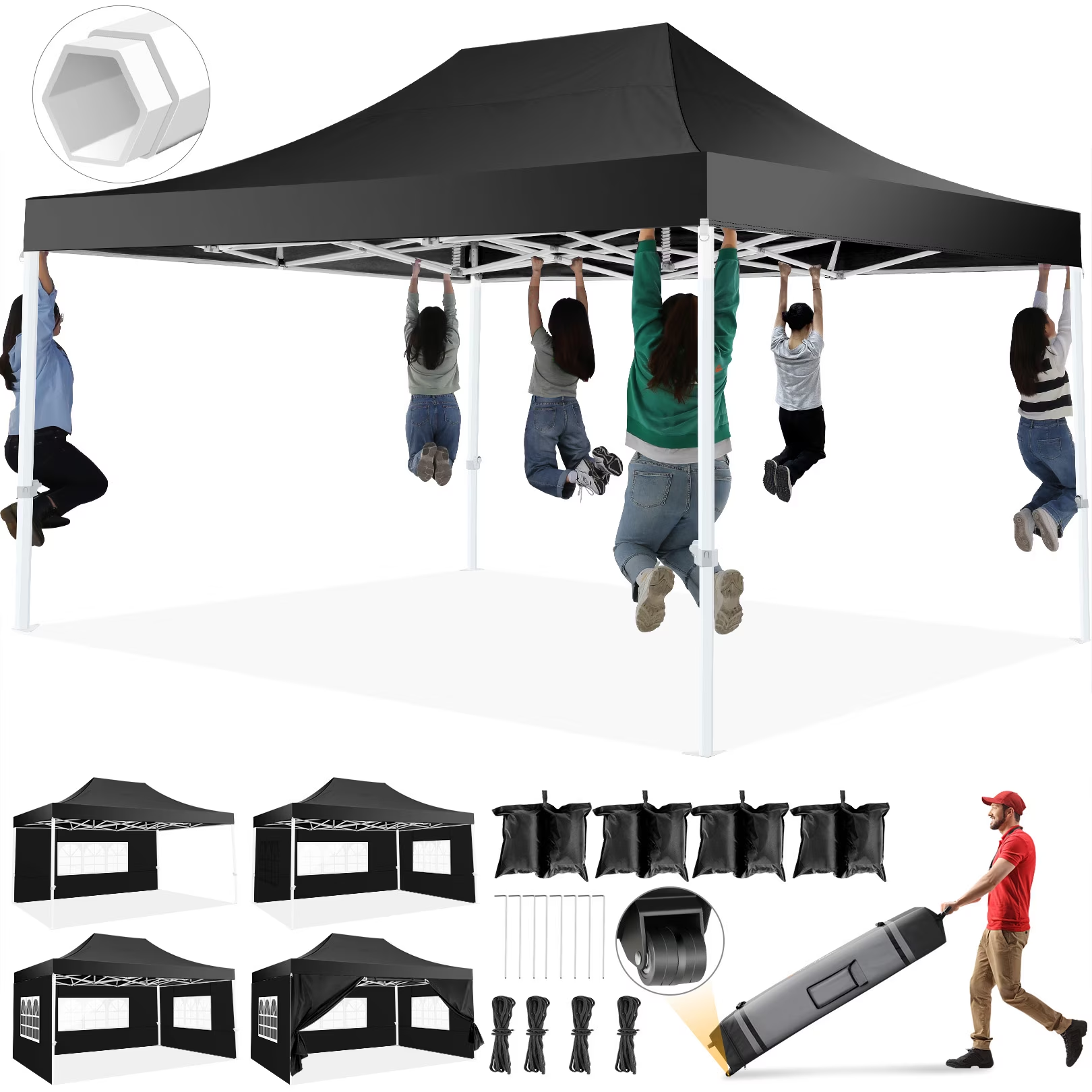 Hoteel 10x15 Heavy Duty Canopy Tent with 4 Sidewalls,Pop up Canopy for Parties Wedding,Commercial Easy up Gazebo with Roller Bag,UV 50+