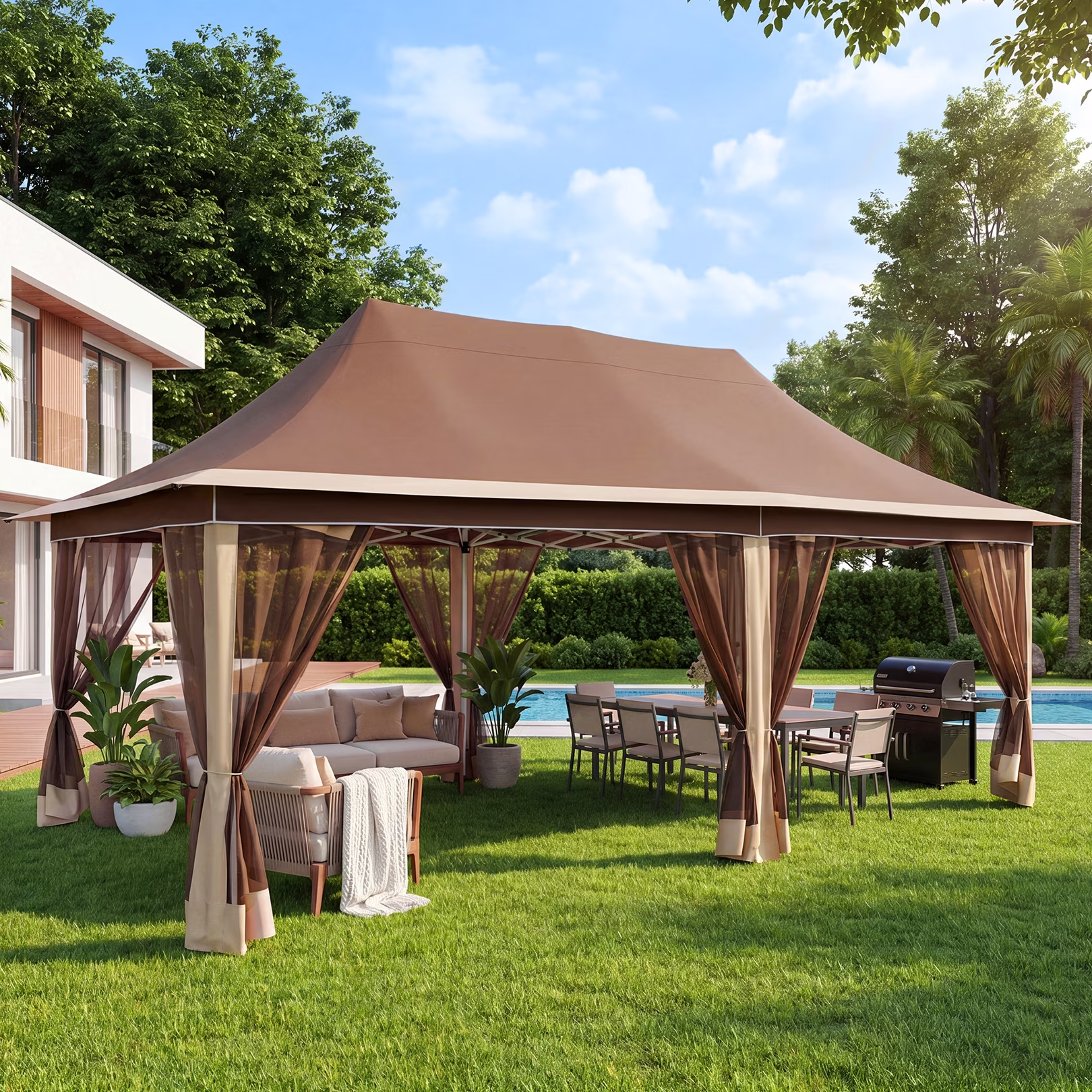 HOTEEL 10x20 Pop Up Gazebo with Netting, 241 sq ft Extra Large Shade Area Canopy Tent with with 3-Level Adjustable Height, Portable Party Tent for Backyard, Patio, Event