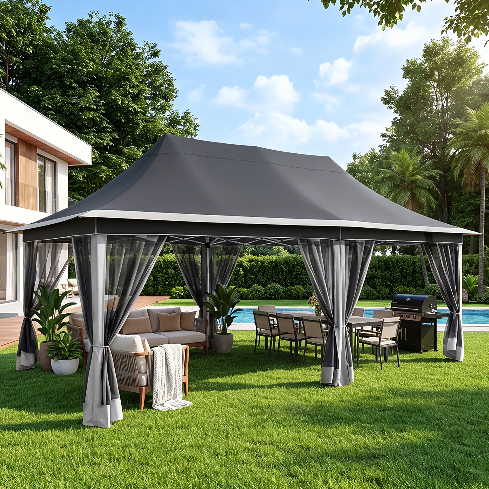 HOTEEL 10x20 Pop Up Gazebo with Netting, 241 sq ft Extra Large Shade Area Canopy Tent with with 3-Level Adjustable Height, Portable Party Tent for Backyard, Patio, Event