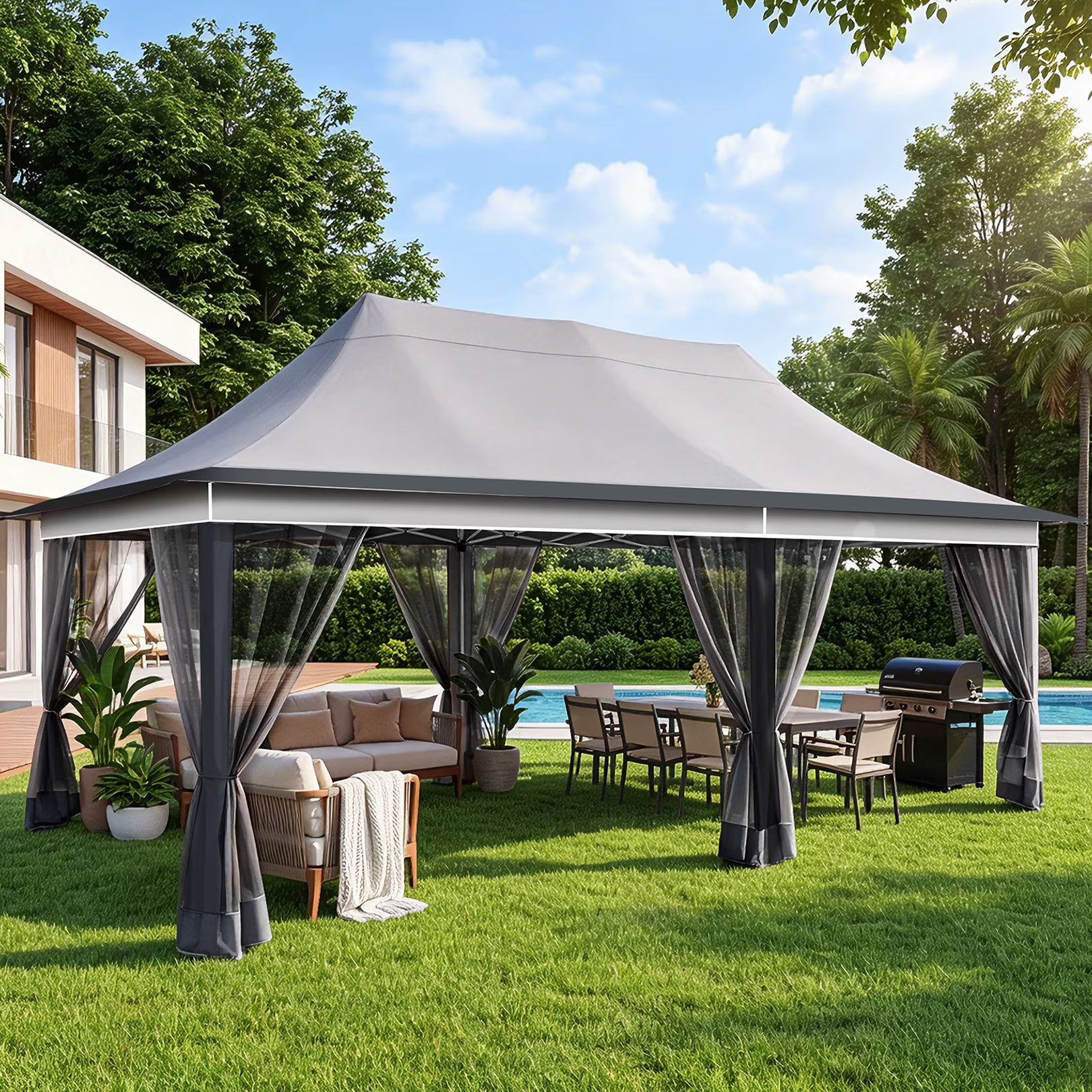 HOTEEL 10x20 Pop Up Gazebo with Netting, 241 sq ft Extra Large Shade Area Canopy Tent with with 3-Level Adjustable Height, Portable Party Tent for Backyard, Patio, Event