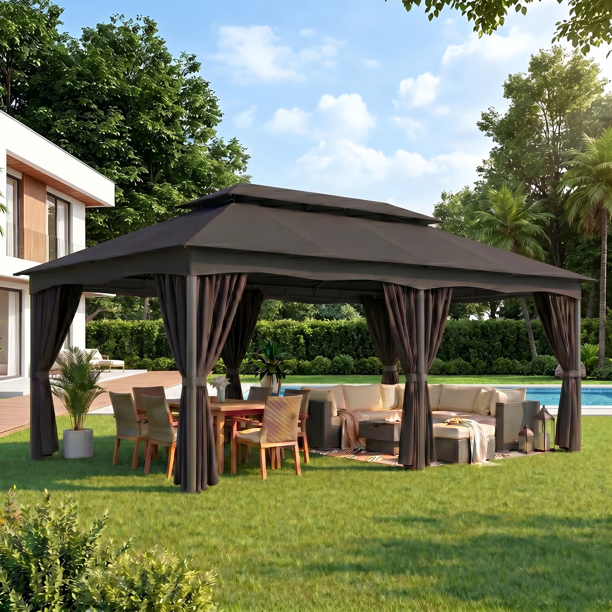 HOTEEL Gazebo with Vented Double Roof, Galvanized Steel Sun & Rain Shelter, Rust-Resistant Aluminum BBQ Gazebo for Outdoor Cooking, Patio, Backyard
