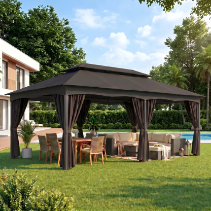 HOTEEL Gazebo with Vented Double Roof, Galvanized Steel Sun & Rain Shelter, Rust-Resistant Aluminum BBQ Gazebo for Outdoor Cooking, Patio, Backyard