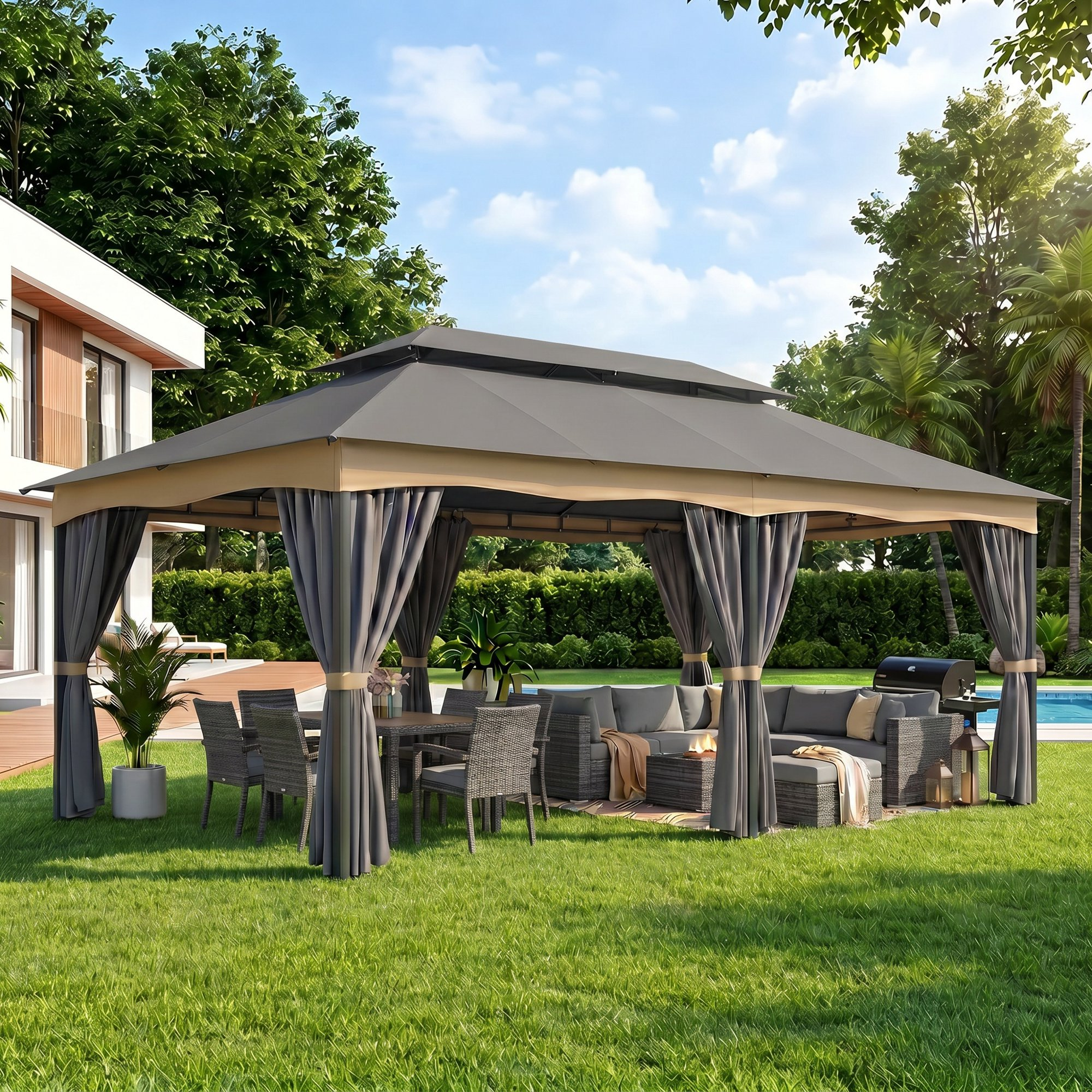 HOTEEL Gazebo with Vented Double Roof, Galvanized Steel Sun & Rain Shelter, Rust-Resistant Aluminum BBQ Gazebo for Outdoor Cooking, Patio, Backyard