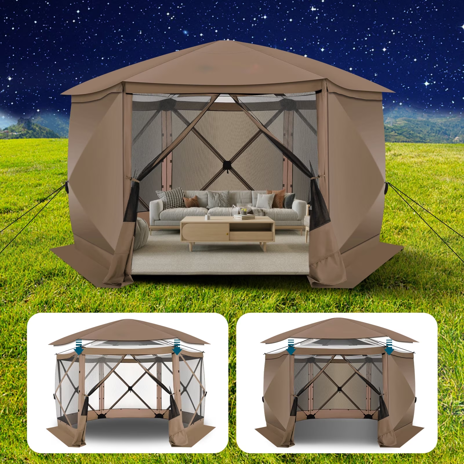 HOTEEL 15x15ft Outdoor Pop Up Gazebo for Camping, Screen House with Mosquito Netting, Waterproof, UV Resistant, Portable Carry Bag