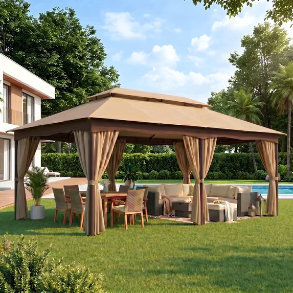 HOTEEL Gazebo with Vented Double Roof, Galvanized Steel Sun & Rain Shelter, Rust-Resistant Aluminum BBQ Gazebo for Outdoor Cooking, Patio, Backyard