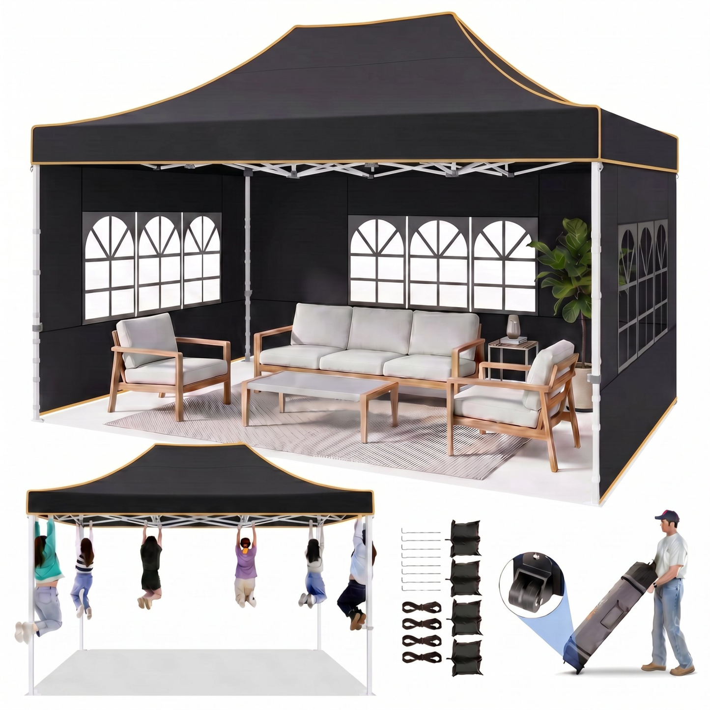 HOTEEL 10x15 Heavy Duty Canopy with 4 Removable Sidewalls, Outdoor Commercial Canopy Tents for Parties Wedding, Instant Sun Protection Shelter with Rolled Bag