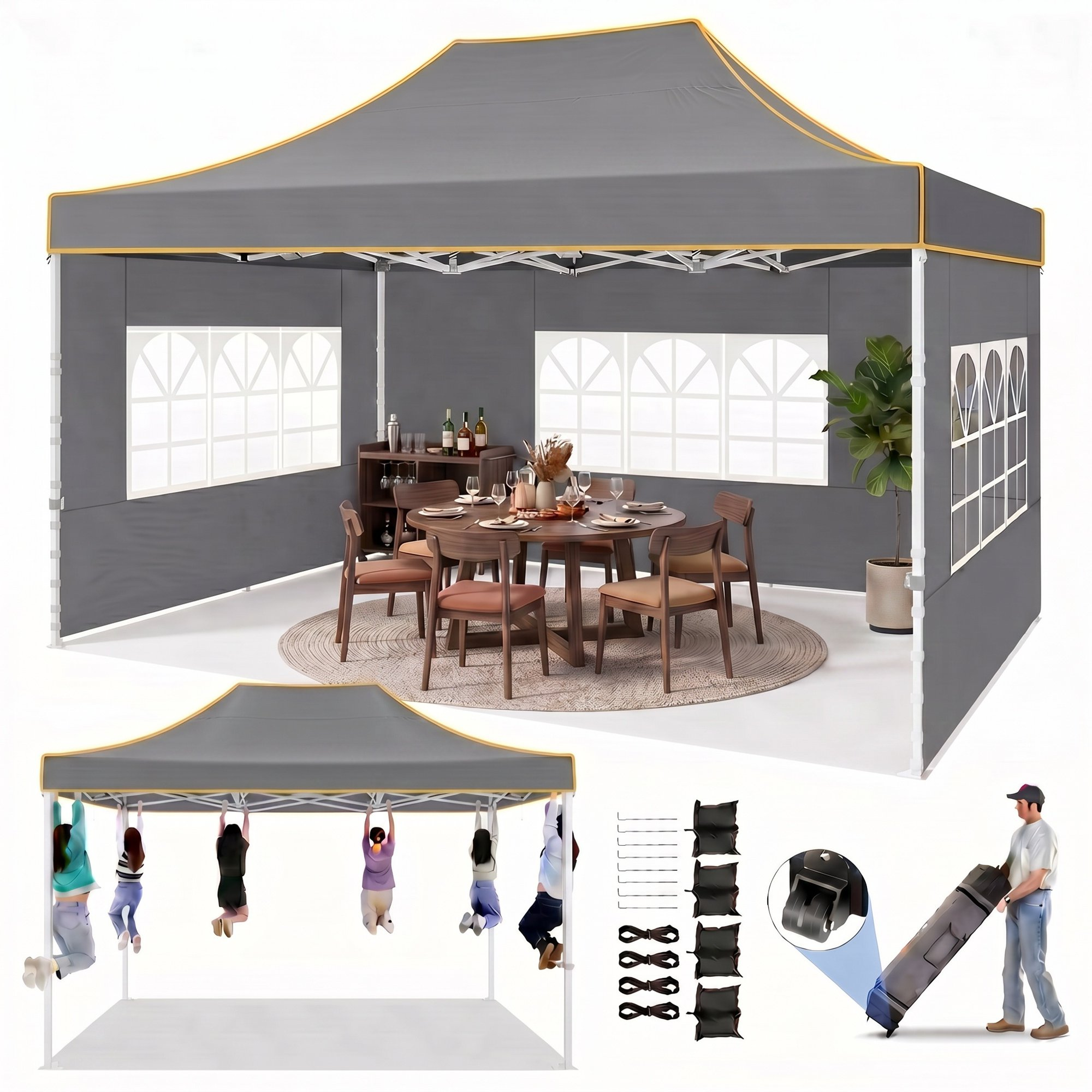 HOTEEL 10x15 Heavy Duty Canopy with 4 Removable Sidewalls, Outdoor Commercial Canopy Tents for Parties Wedding, Instant Sun Protection Shelter with Rolled Bag