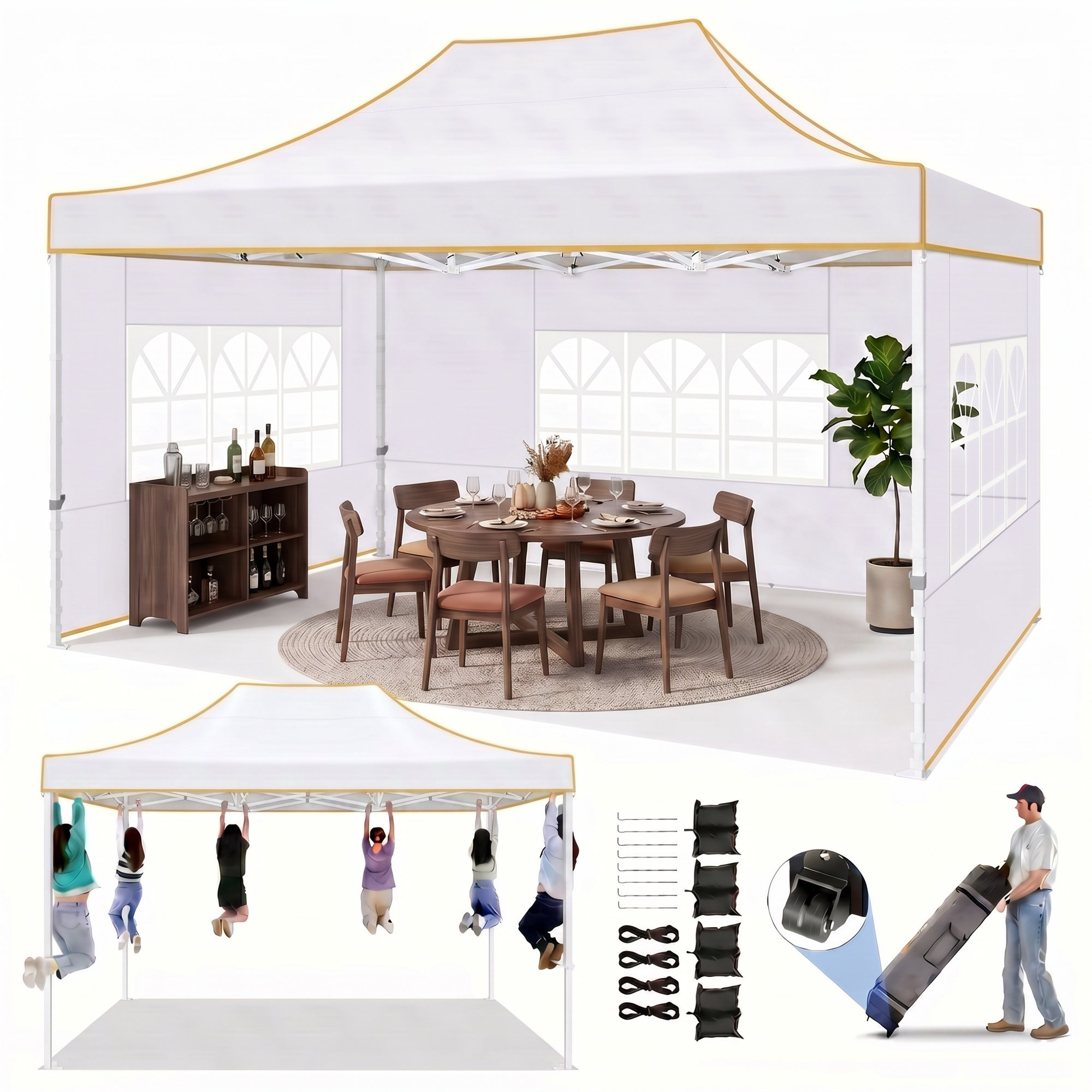 HOTEEL 10x15 Heavy Duty Canopy with 4 Removable Sidewalls, Outdoor Commercial Canopy Tents for Parties Wedding, Instant Sun Protection Shelter with Rolled Bag
