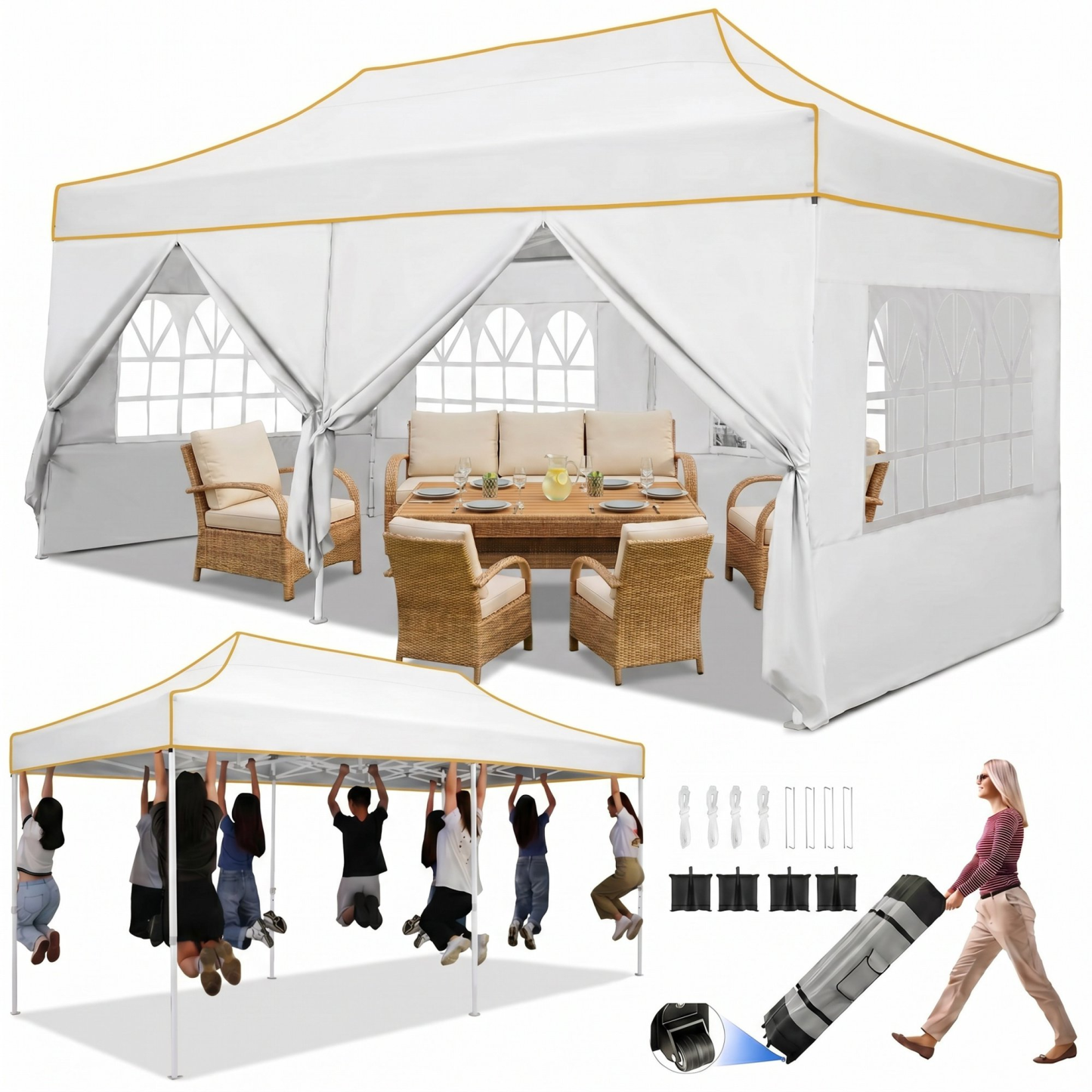 HOTEEL 10x15 Heavy Duty Canopy with 4 Removable Sidewalls, Outdoor Commercial Canopy Tents for Parties Wedding, Instant Sun Protection Shelter with Rolled Bag