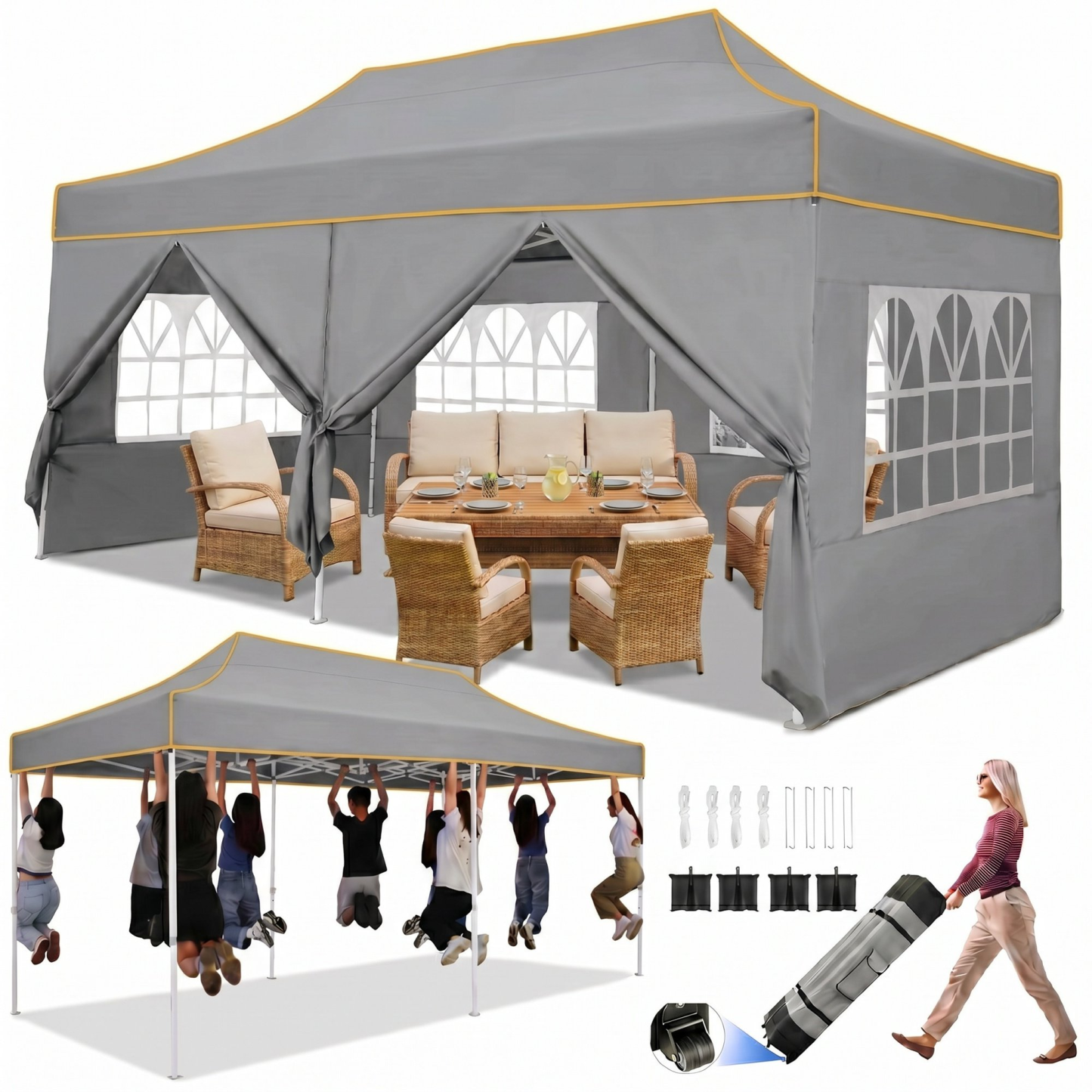 HOTEEL 10x15 Heavy Duty Canopy with 4 Removable Sidewalls, Outdoor Commercial Canopy Tents for Parties Wedding, Instant Sun Protection Shelter with Rolled Bag