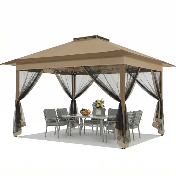 HOTEEL Outdoor Pop-up Gazebo Canopy with Mosquito Netting 2-Tiered Vented Top 3 Adjustable Height for Backyard, Garden, Lawn