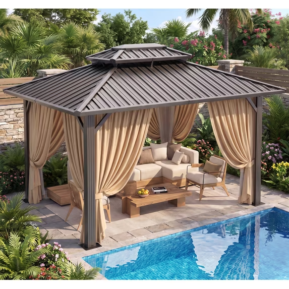 HOTEEL  Hardtop Gazebo Heavy Duty Outdoor Gazebo with Galvanized Steel Double Roof, Flame-Retardant Curtains and Netting, Permanent Gazebo for Patio, Lawn and Backyard