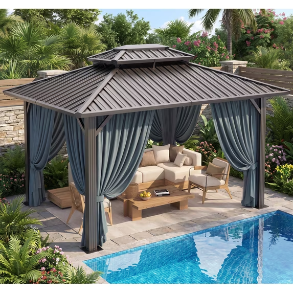 HOTEEL  Hardtop Gazebo Heavy Duty Outdoor Gazebo with Galvanized Steel Double Roof, Flame-Retardant Curtains and Netting, Permanent Gazebo for Patio, Lawn and Backyard