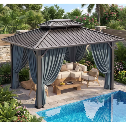 HOTEEL  Hardtop Gazebo Heavy Duty Outdoor Gazebo with Galvanized Steel Double Roof, Flame-Retardant Curtains and Netting, Permanent Gazebo for Patio, Lawn and Backyard