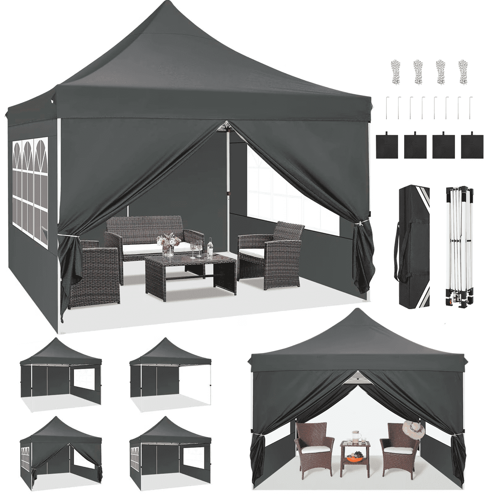 Hoteel 10x10 Pop up Canopy Tent Commercial Instant Canopy with 4 Sidewalls & Sandbags, UPF 50+ All Season Portable Tent for Parties Beach Camping Party Event Shelter Sun Shade