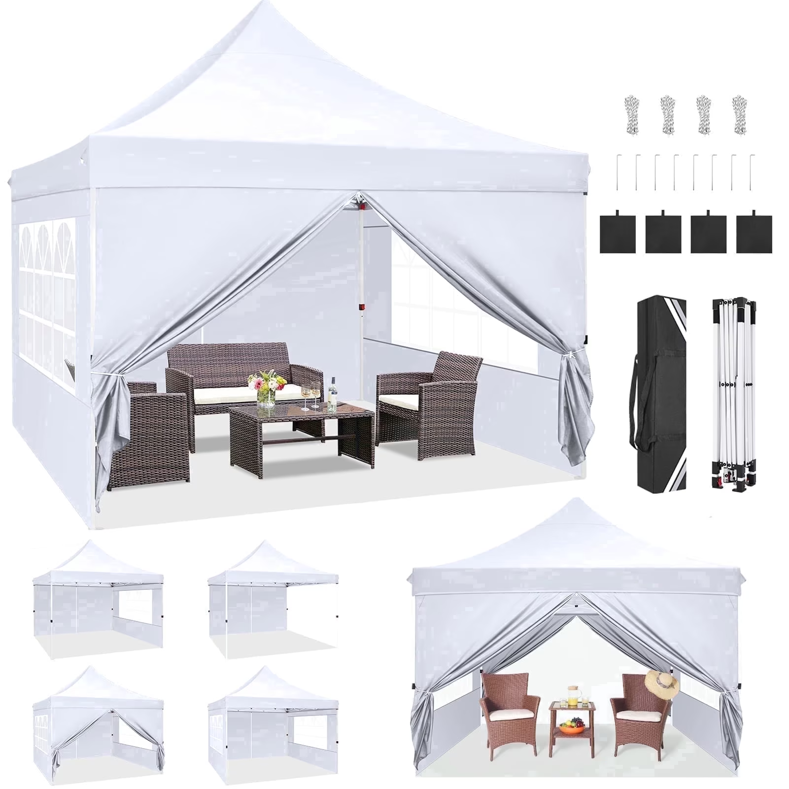 Hoteel 10x10 Pop up Canopy Tent Commercial Instant Canopy with 4 Sidewalls & Sandbags, UPF 50+ All Season Portable Tent for Parties Beach Camping Party Event Shelter Sun Shade