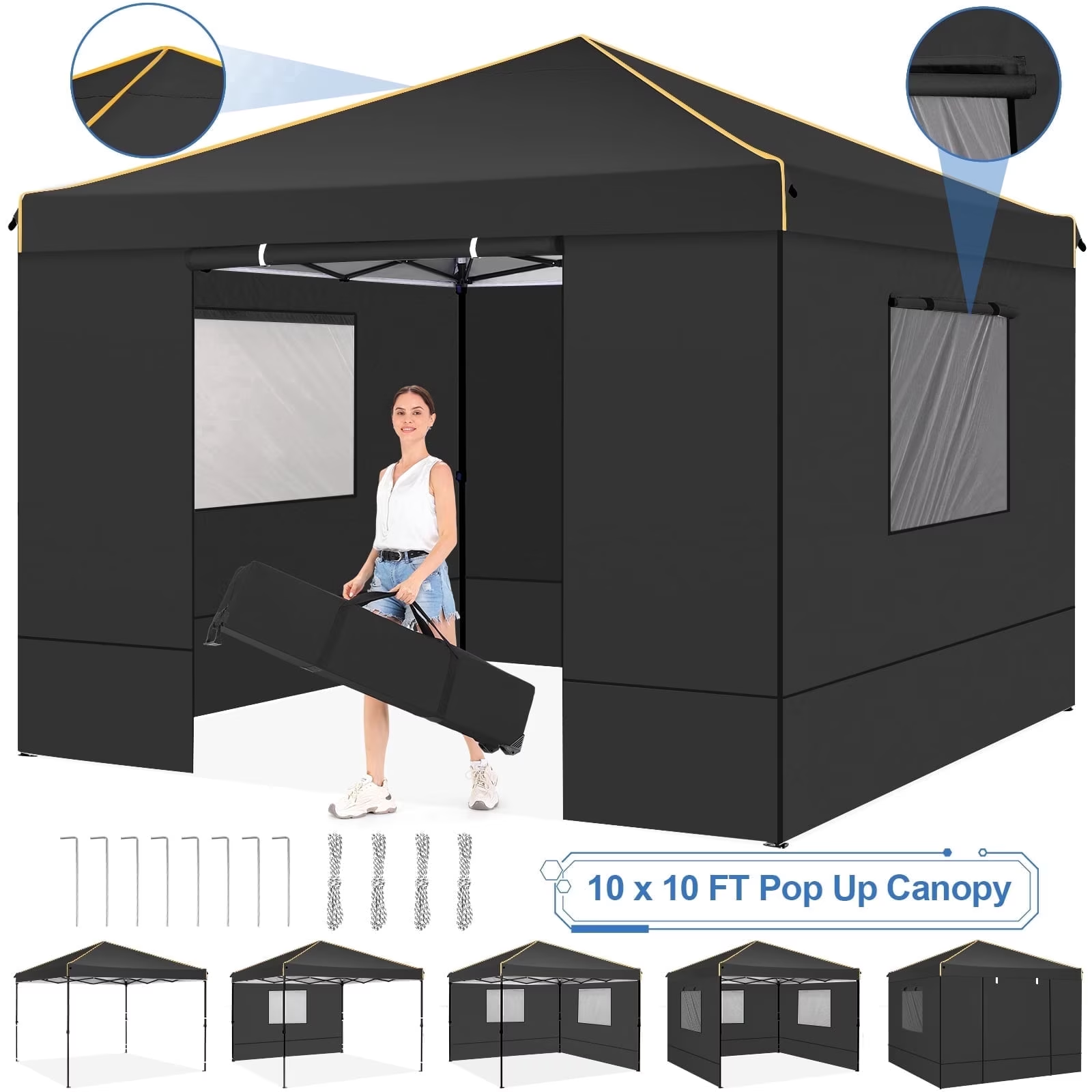 Hoteel 10x10 Pop up Canopy Tent Commercial Instant Canopy with 4 Sidewalls & Sandbags, UPF 50+ All Season Portable Tent for Parties Beach Camping Party Event Shelter Sun Shade