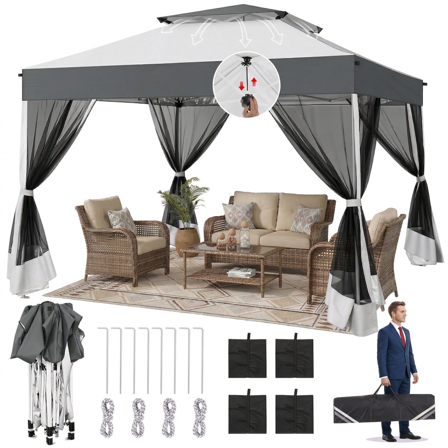 HOTEEL 10x10 Pop up Gazebo with 4 Sidewalls,Waterproof Tent for Parties Wedding Event,Instant Outdoor Gazebos with Carry Bag,Stakes,Ropes & Sandbags