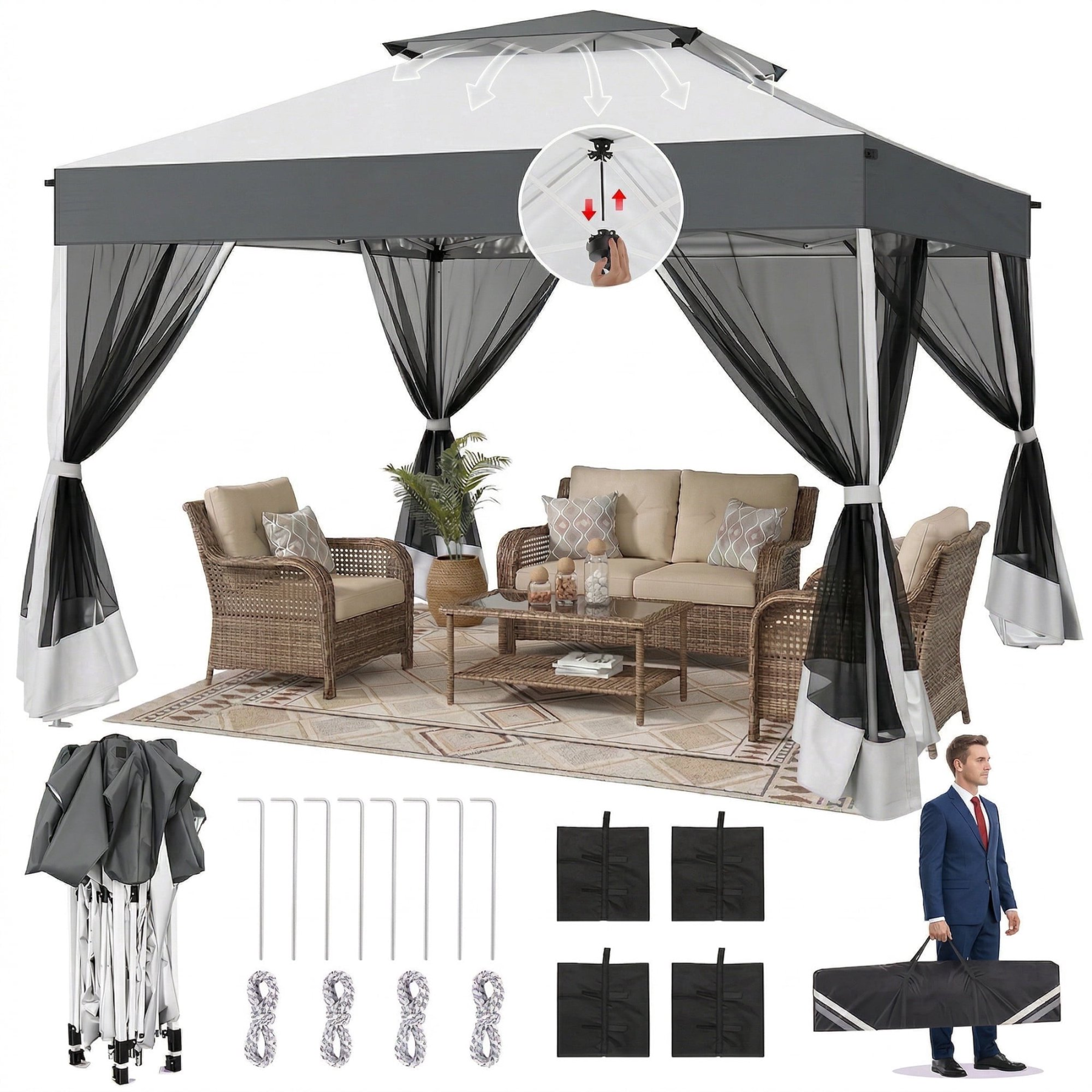 HOTEEL 10x10 Pop up Gazebo with 4 Sidewalls,Waterproof Tent for Parties Wedding Event,Instant Outdoor Gazebos with Carry Bag,Stakes,Ropes & Sandbags
