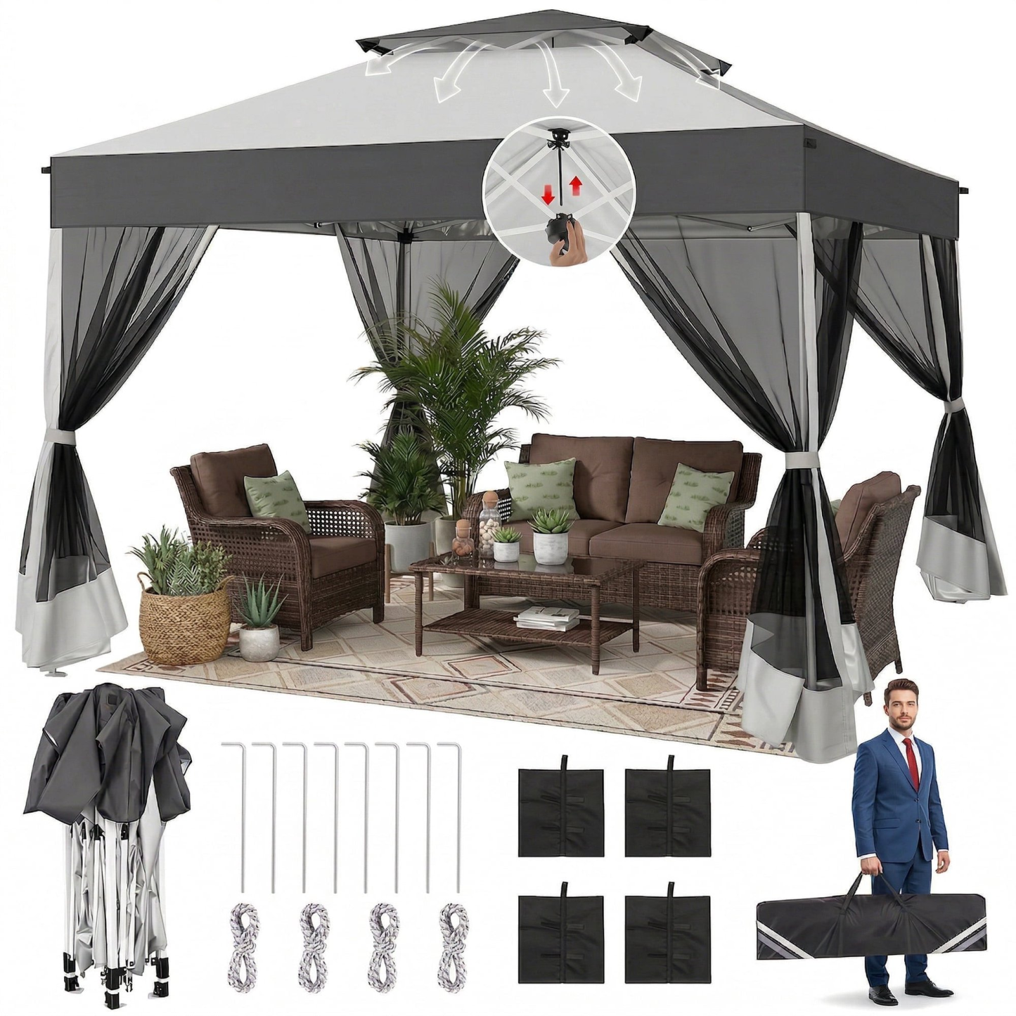HOTEEL 10x10 Pop up Gazebo with 4 Sidewalls,Waterproof Tent for Parties Wedding Event,Instant Outdoor Gazebos with Carry Bag,Stakes,Ropes & Sandbags
