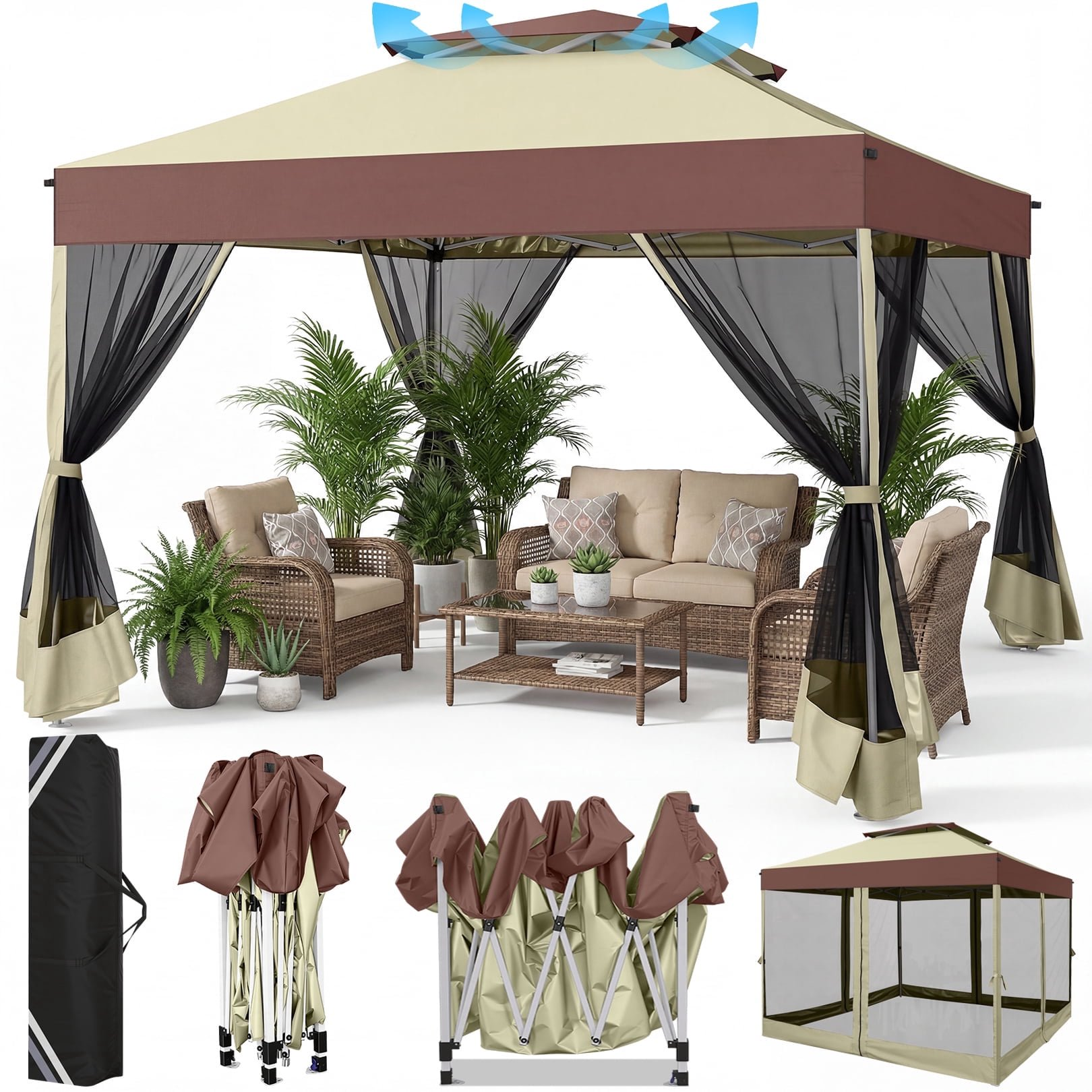 HOTEEL 10x10 Pop up Gazebo with 4 Sidewalls,Waterproof Tent for Parties Wedding Event,Instant Outdoor Gazebos with Carry Bag,Stakes,Ropes & Sandbags