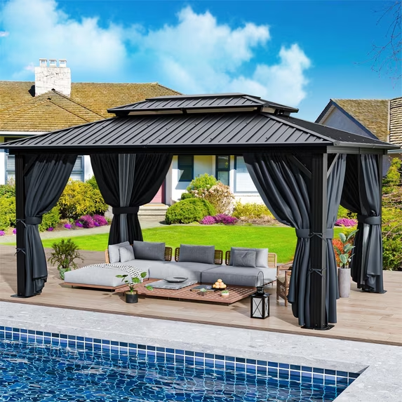 HOTEEL Hardtop Gazebo, Outdoor Steel Double Galvanized Roof Canopy, Aluminum Frame Permanent Pavilion Metal Gazebo with Curtains and Netting, Sunshade for Patios, Gardens, Lawns