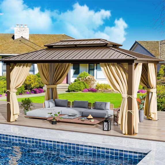 HOTEEL Hardtop Gazebo, Outdoor Steel Double Galvanized Roof Canopy, Aluminum Frame Permanent Pavilion Metal Gazebo with Curtains and Netting, Sunshade for Patios, Gardens, Lawns