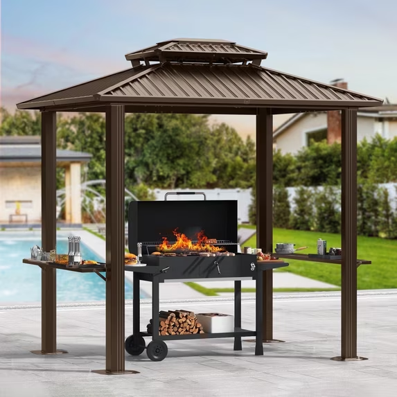 HOTEEL Gazebo with Vented Double Roof, Galvanized Steel Sun & Rain Shelter, Rust-Resistant Aluminum BBQ Gazebo for Outdoor Cooking, Patio, Backyard
