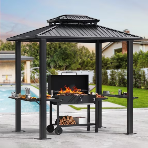 HOTEEL Gazebo with Vented Double Roof, Galvanized Steel Sun & Rain Shelter, Rust-Resistant Aluminum BBQ Gazebo for Outdoor Cooking, Patio, Backyard