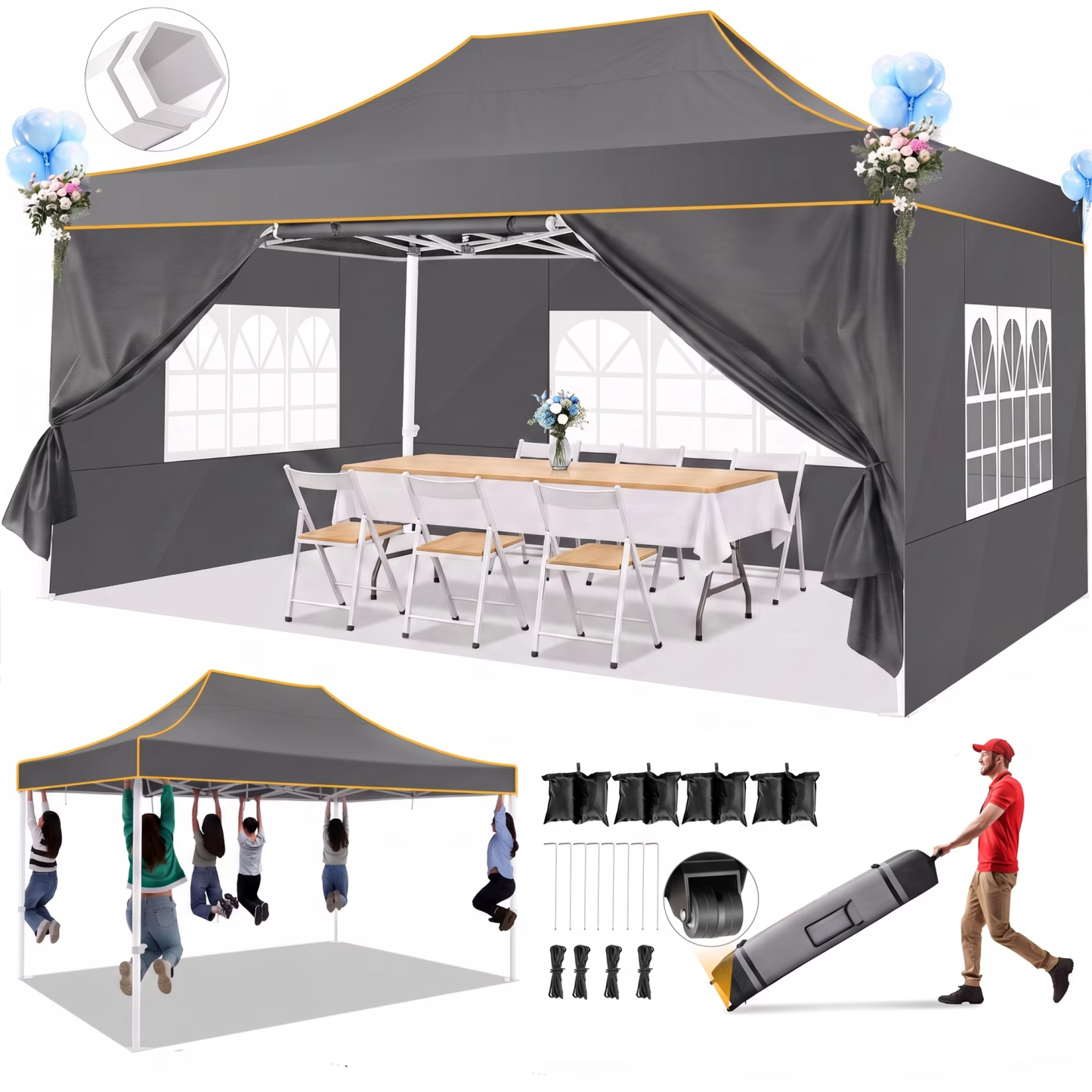 HOTEEL 10x15 Pop Up Canopy Tent Heavy Duty with 4 Sidewalls,Tents for Parties Outdoor Canopy Event Tent Wedding with Roller Bag,UV 50+ & Upgraded No Water Accumulation,Thick Hexagonal Legs