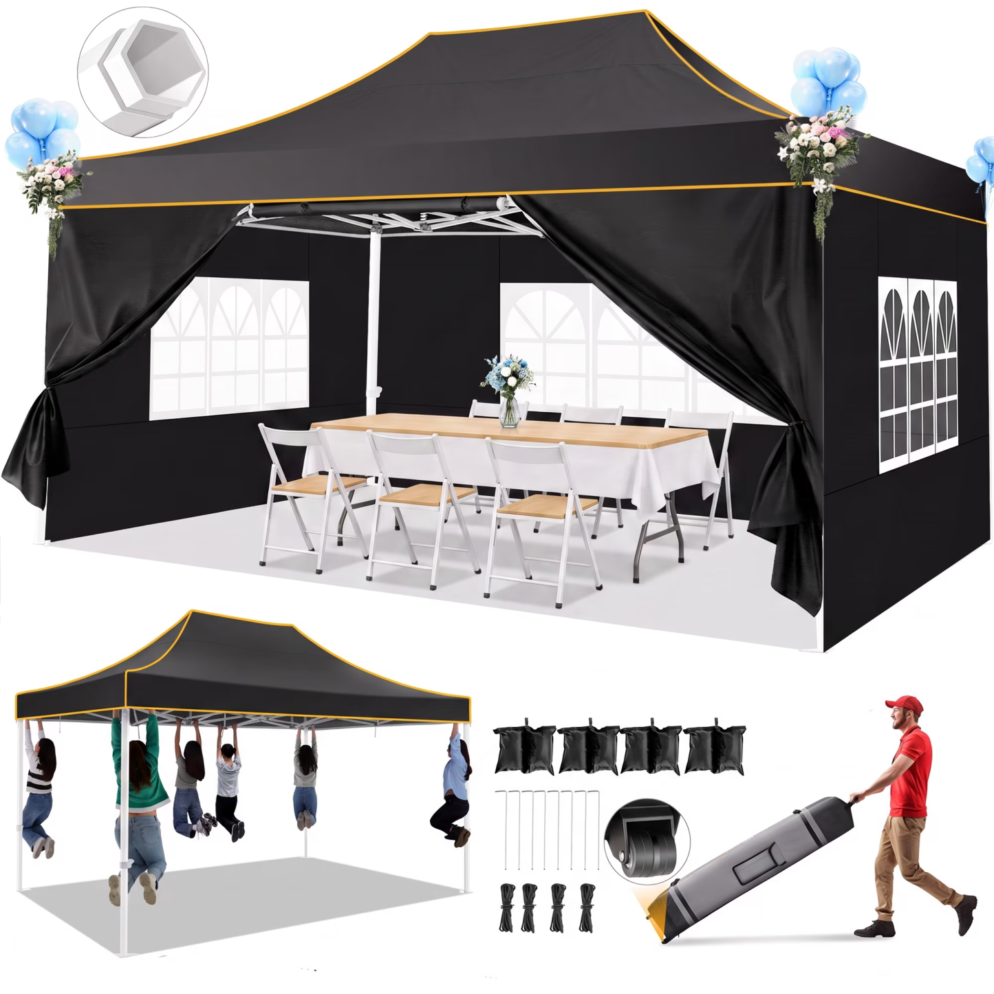 HOTEEL 10x15 Pop Up Canopy Tent Heavy Duty with 4 Sidewalls,Tents for Parties Outdoor Canopy Event Tent Wedding with Roller Bag,UV 50+ & Upgraded No Water Accumulation,Thick Hexagonal Legs