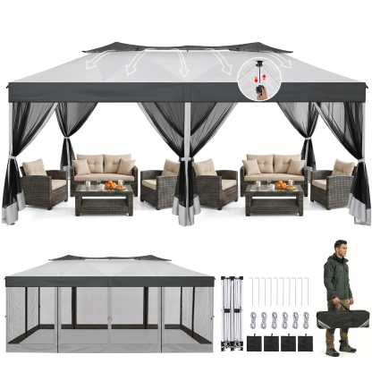 HOTEEL 10x20 Gazebo Canopy Tent with 6 Netting Sidewalls,Pop up Canopy for Parties Wedding,Commercial Easy up Gazebo with Sandbags,UV 50+