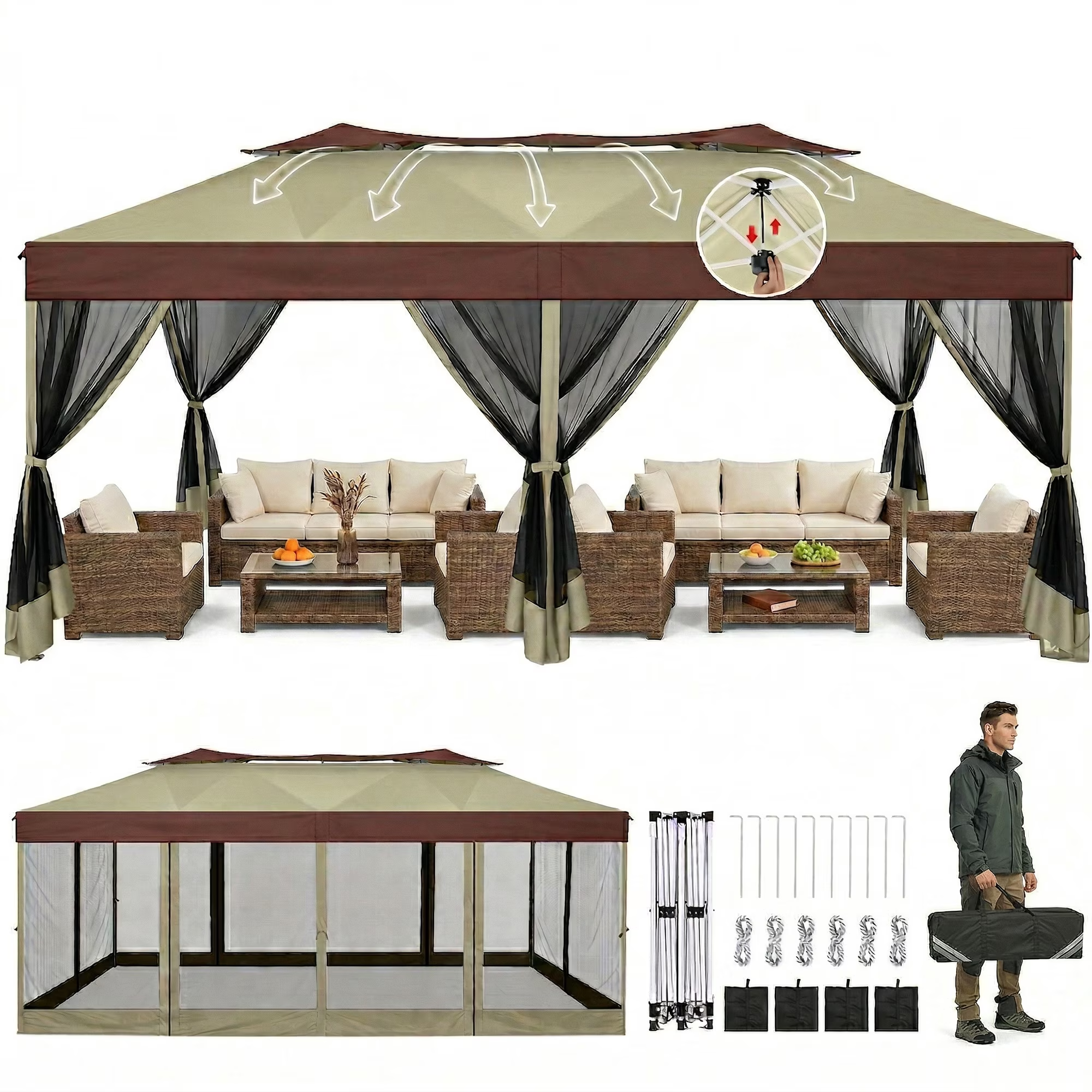 HOTEEL 10x20 Gazebo Canopy Tent with 6 Netting Sidewalls,Pop up Canopy for Parties Wedding,Commercial Easy up Gazebo with Sandbags,UV 50+