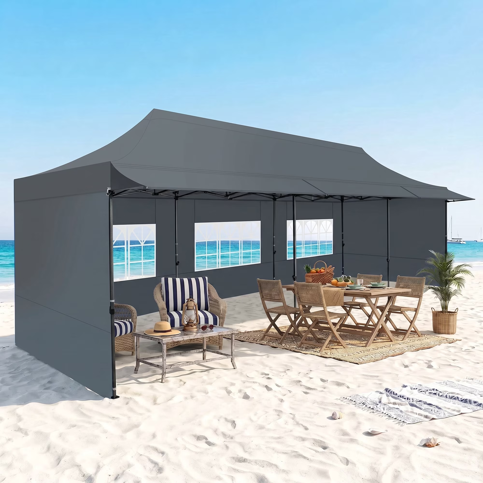 HOTEEL 10x30 ft Canopy with Extended Awning, Heavy Duty EZ Pop up Folding Canopy Tent with Roller Bag, Rainproof&Sunproof Awning Gazebo Shelter for Party Events, Market, Vendor