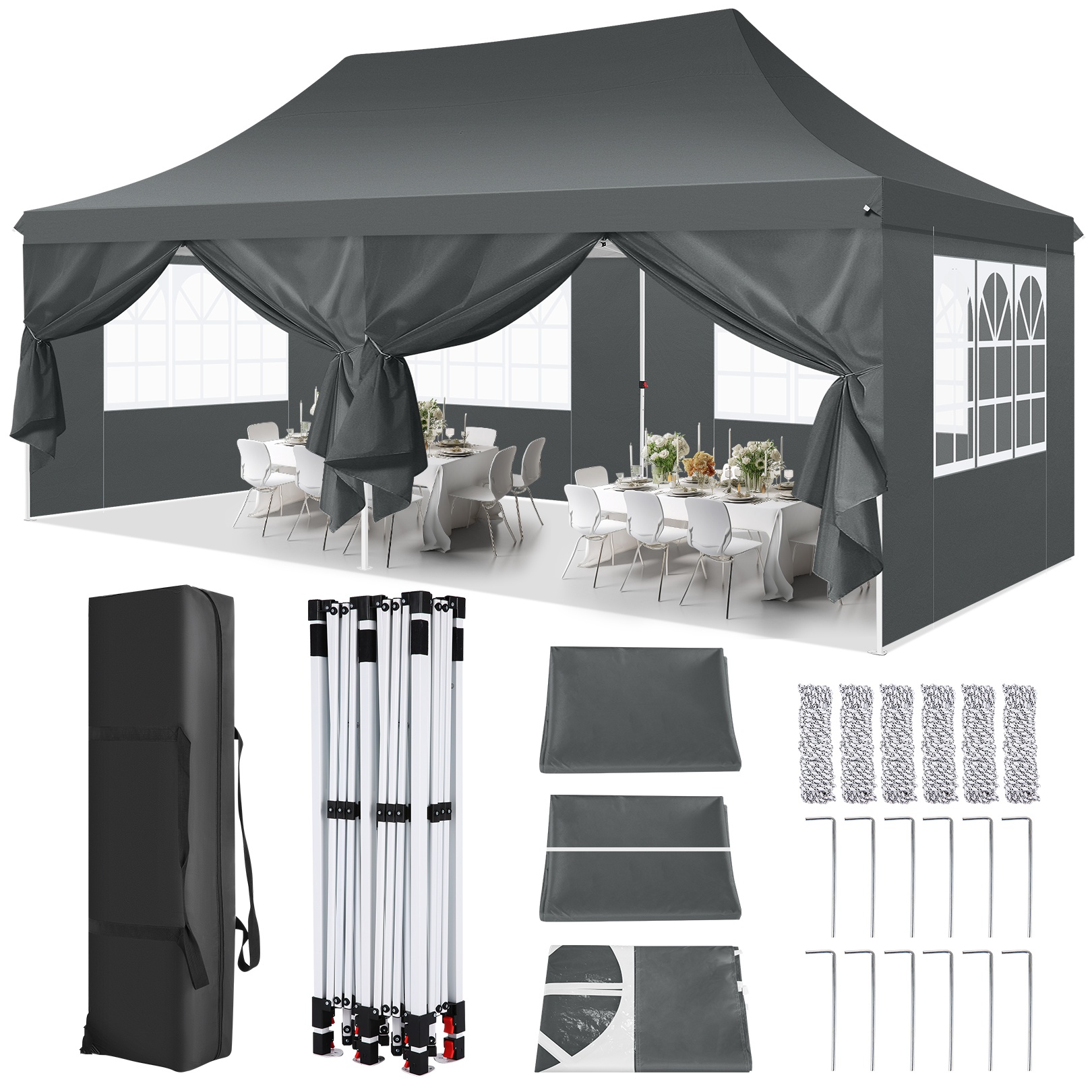 SANOPY 10' x 20' EZ Pop up Canopy Party Tent, Outdoor Event Instant Gazebo with 6 Removable Sidewalls for Camping Wedding Picnic, White
