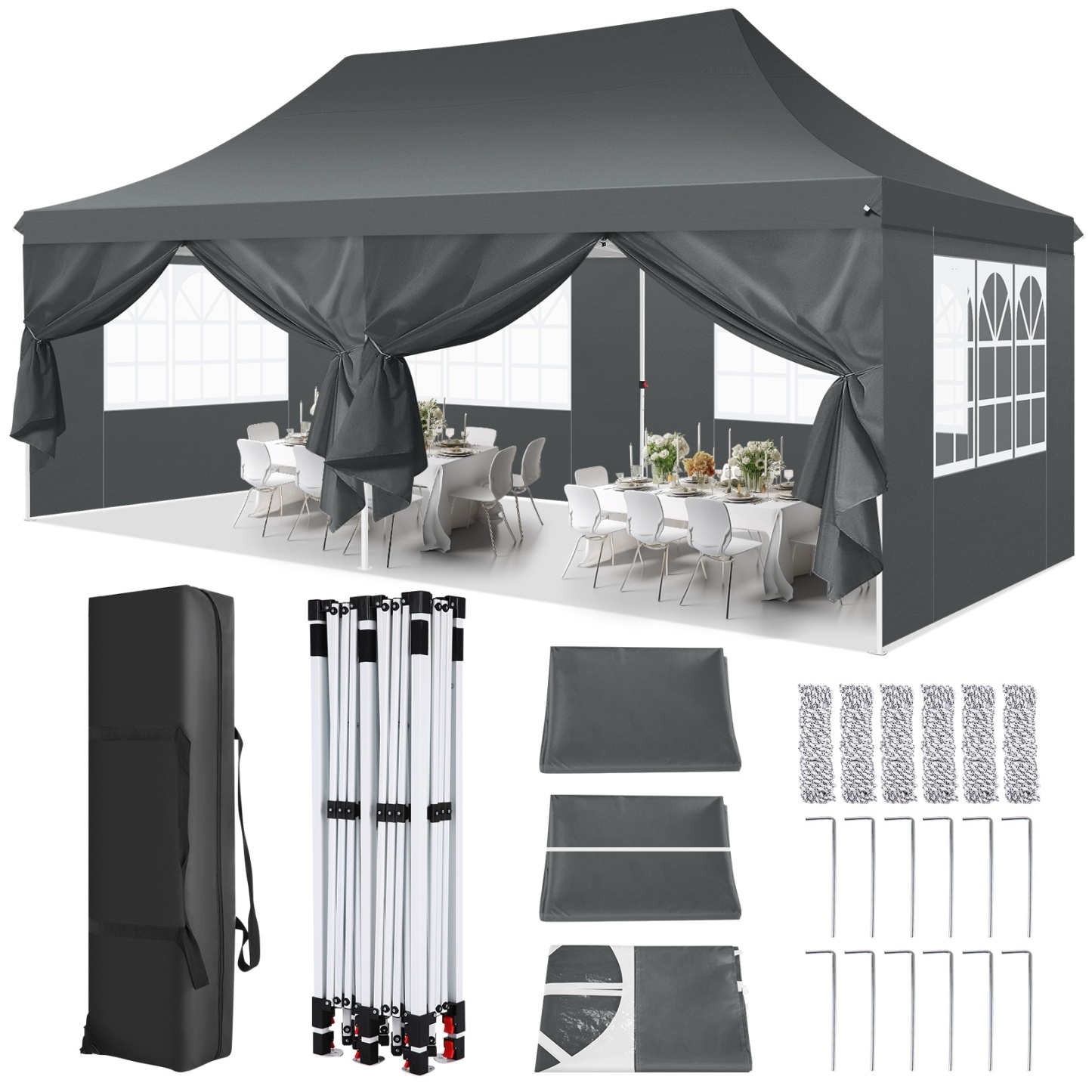 SANOPY 10' x 20' EZ Pop up Canopy Party Tent, Outdoor Event Instant Gazebo with 6 Removable Sidewalls for Camping Wedding Picnic, White