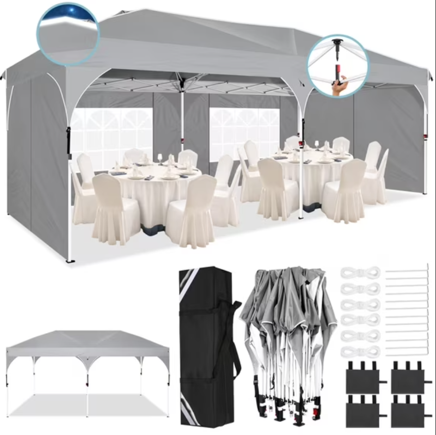 COBIZI 10x20 Ez Up Pop Up Canopy Tent, Party Tents with One Push Central Button & Air Vent, Instant Canopy Tent with Sidewalls for Commercial, Event, Backyard, Gray