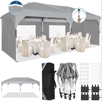 COBIZI 10x20 Ez Up Pop Up Canopy Tent, Party Tents with One Push Central Button & Air Vent, Instant Canopy Tent with Sidewalls for Commercial, Event, Backyard, Gray