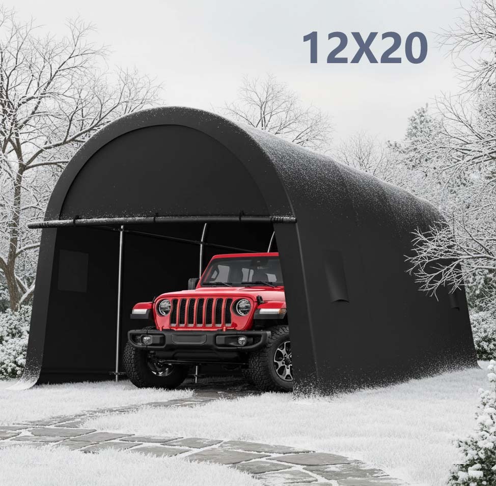 HOTEEL Carport Heavy Duty, Portable Garage Carport Canopy with All-Steel Metal Frame & Vents, Round Style Outdoor Storage Shed for Car, Truck, Boat, Patio Furniture Anti-Snow Waterproof