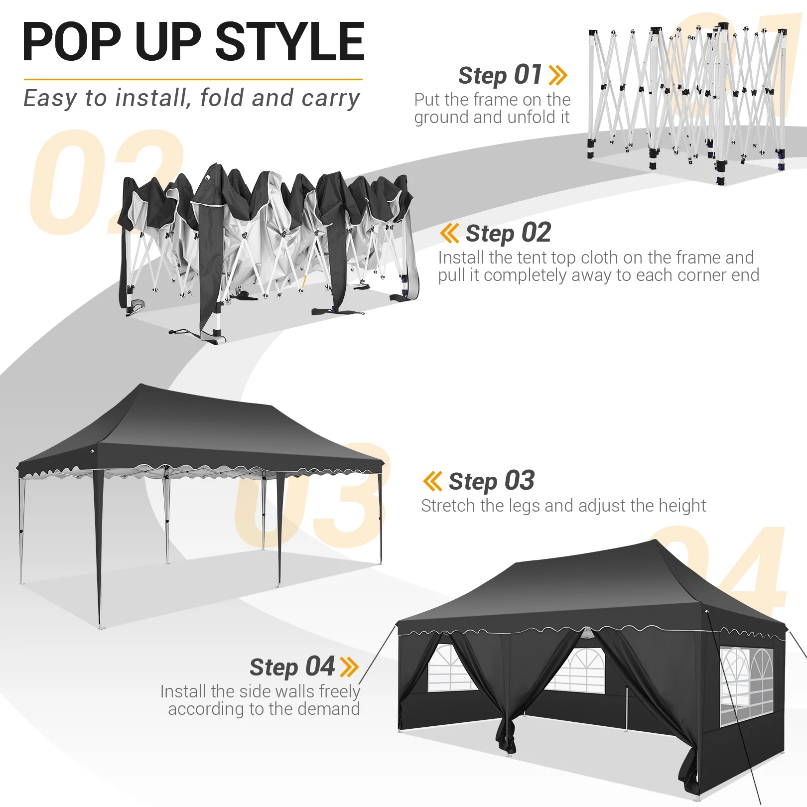 SANOPY 10' x 20' Pop up Canopy Party Tent with 6 Removable Sidewalls, Wave Eave Outdoor Waterproof Patio Gazebo Tent with Carry Bag, Backyards Camping Picnics, Black
