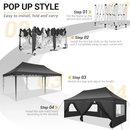 SANOPY 10' x 20' Pop up Canopy Party Tent with 6 Removable Sidewalls, Wave Eave Outdoor Waterproof Patio Gazebo Tent with Carry Bag, Backyards Camping Picnics, Black
