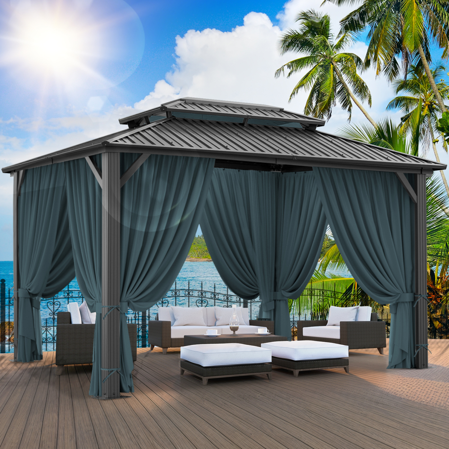 SANOPY 10x12 Hardtop Gazebo Aluminum Gazebos with Galvanized Steel Double Roof Metal Gazebo with Curtains and Netting Permanent Steel Gazebo for Backyard, Garden and Patio, Black