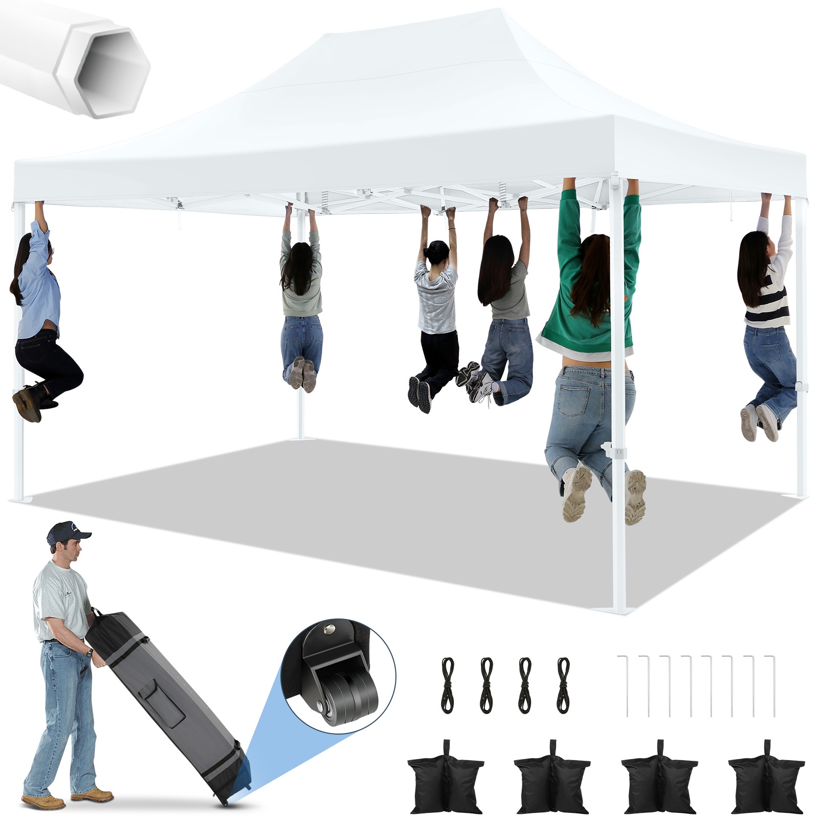 SANOPY 10' x 15' Heavy Duty Pop up Canopy, Instant Commercial Tent for Party with White Upgraded Hexagonal Bracket, Portable Gazebo with 4 Sangbags, Roller Bag, White