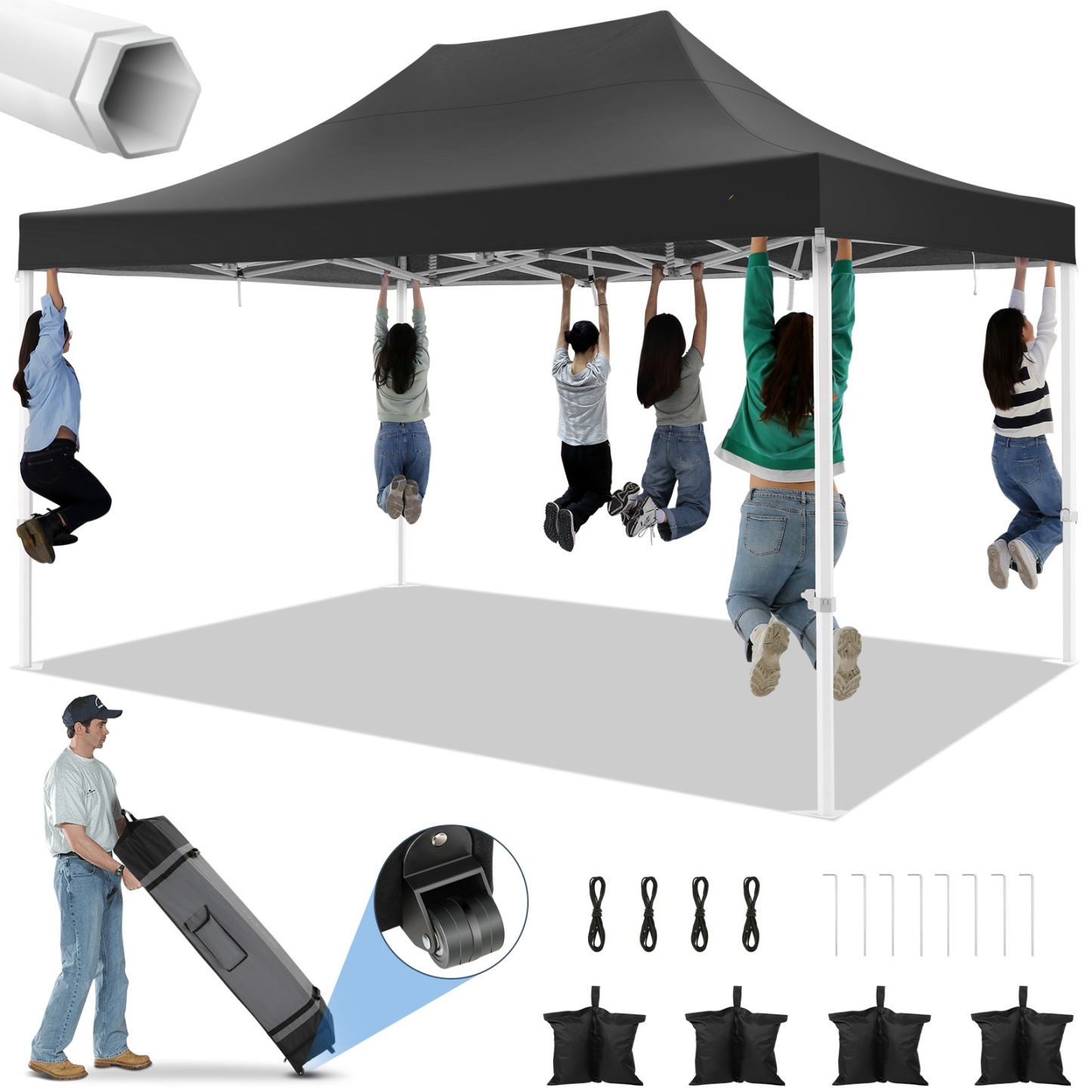 SANOPY 10' x 15' Heavy Duty Pop up Canopy, Instant Commercial Tent for Party with White Upgraded Hexagonal Bracket, Portable Gazebo with 4 Sangbags, Roller Bag, White