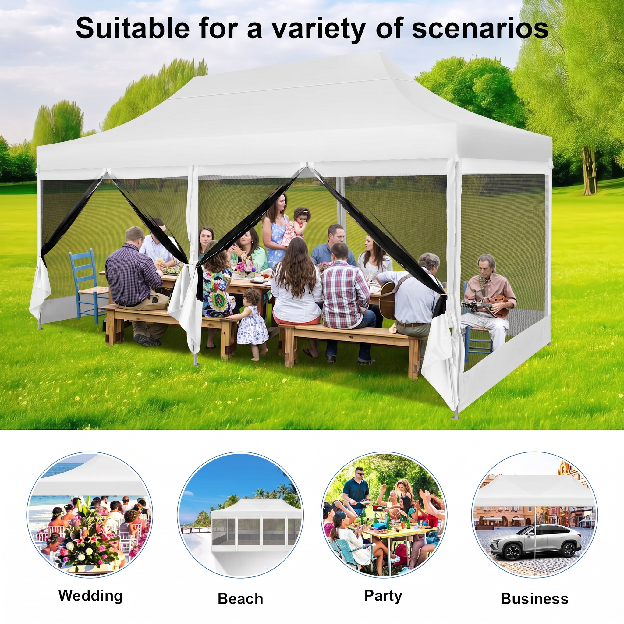 SANOPY 10x20 FT Heavy Duty Pop up Canopy Tent with 4 Mosquito Netting Sidewalls, Quick Setup Outdoor Gazebo Shelter for Parties, Backyard Events, Camping & Beach with Carry Bag, White