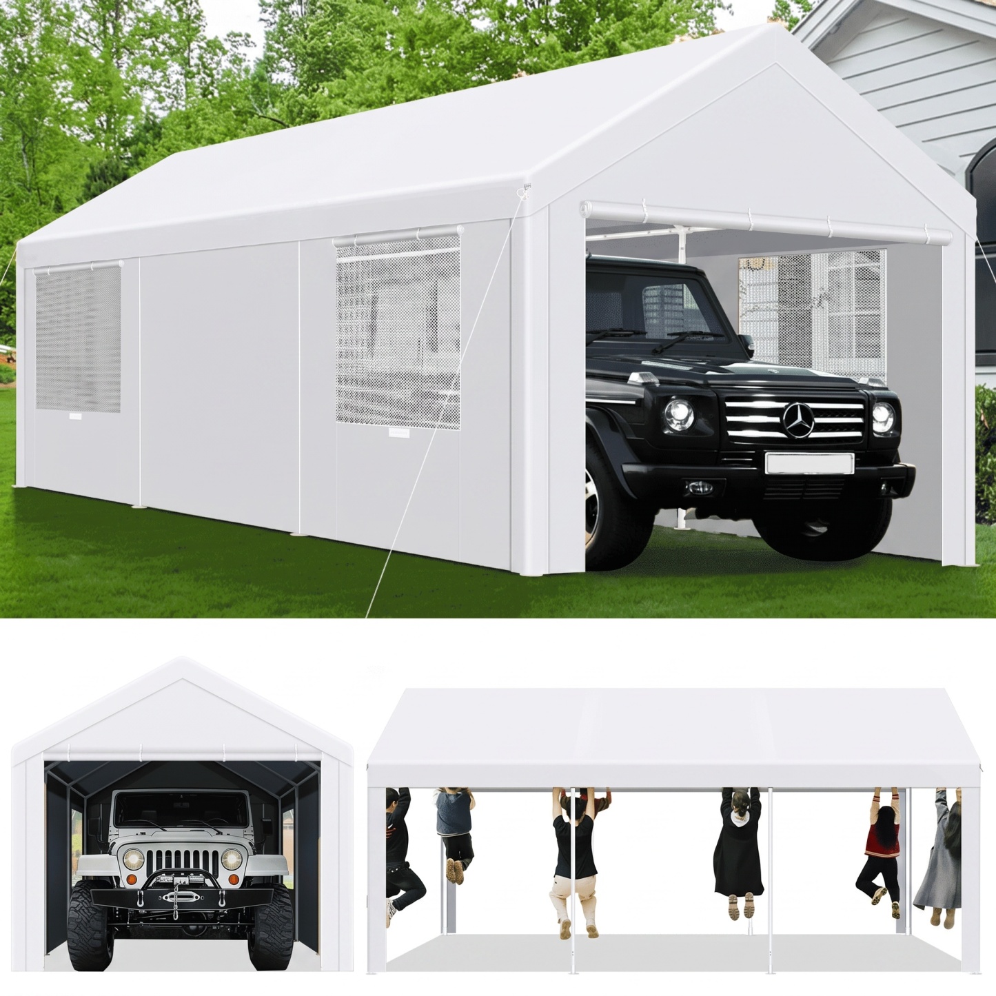 SANOPY Heavy Duty 20x20 ft Carport Portable Garage Car Canopy with Roll-Up Door & 4 Removable Sidewalls, 160G Waterproof Cover Outdoor Car Shelter for Car Truck Boat, Gray