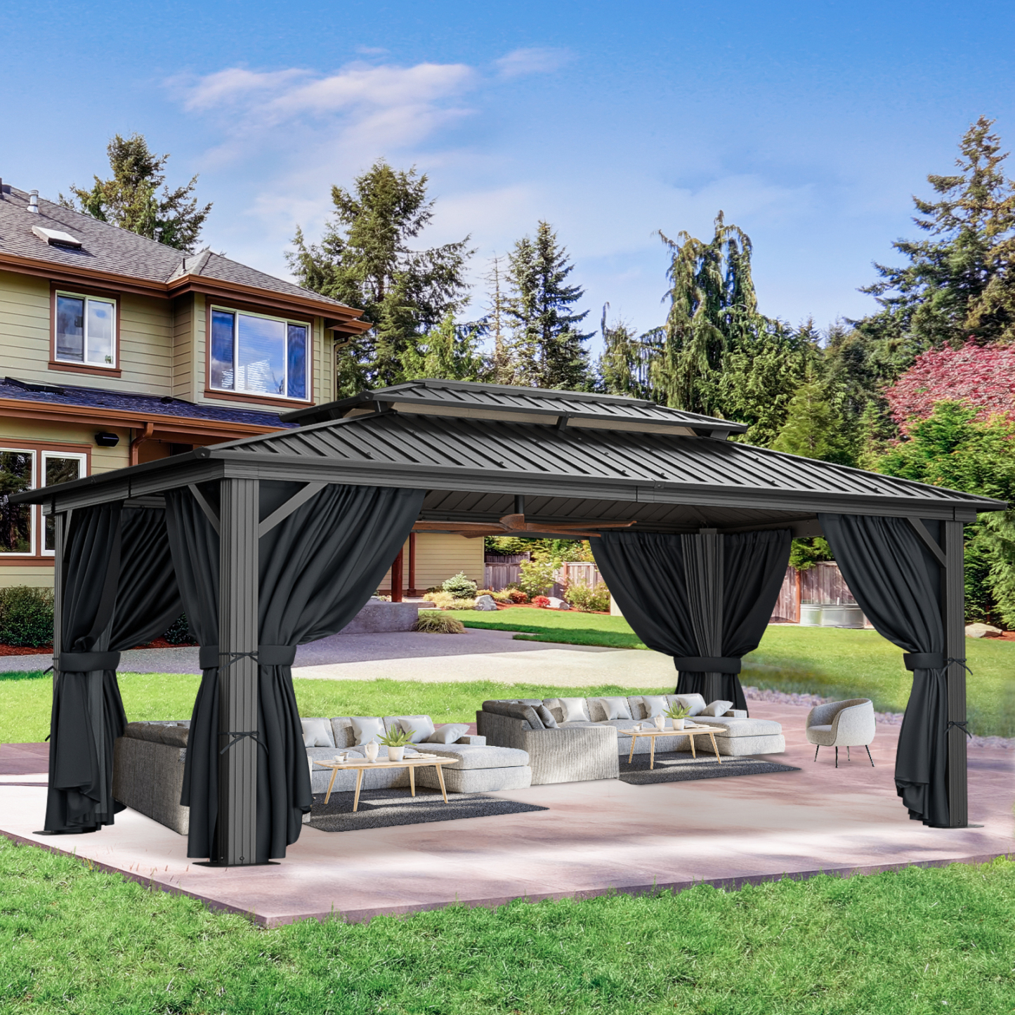 SANOPY 10x15 Hardtop Gazebo Aluminum Gazebos with Galvanized Steel Double Roof Metal Gazebo with Curtains and Netting Permanent Hardtop Gazebos Steel Gazebo for Backyard, Garden and Patio, Black